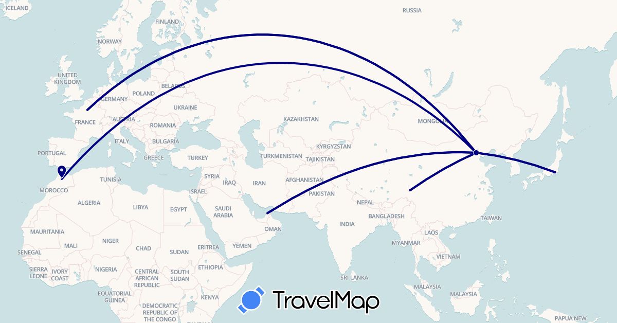 TravelMap itinerary: driving in United Arab Emirates, China, France, Japan, Morocco (Africa, Asia, Europe)